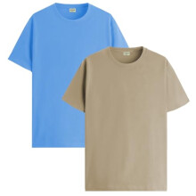 Lot de 2 t-shirts ADRO pour homme, en coton, uni, bleu ciel et beige