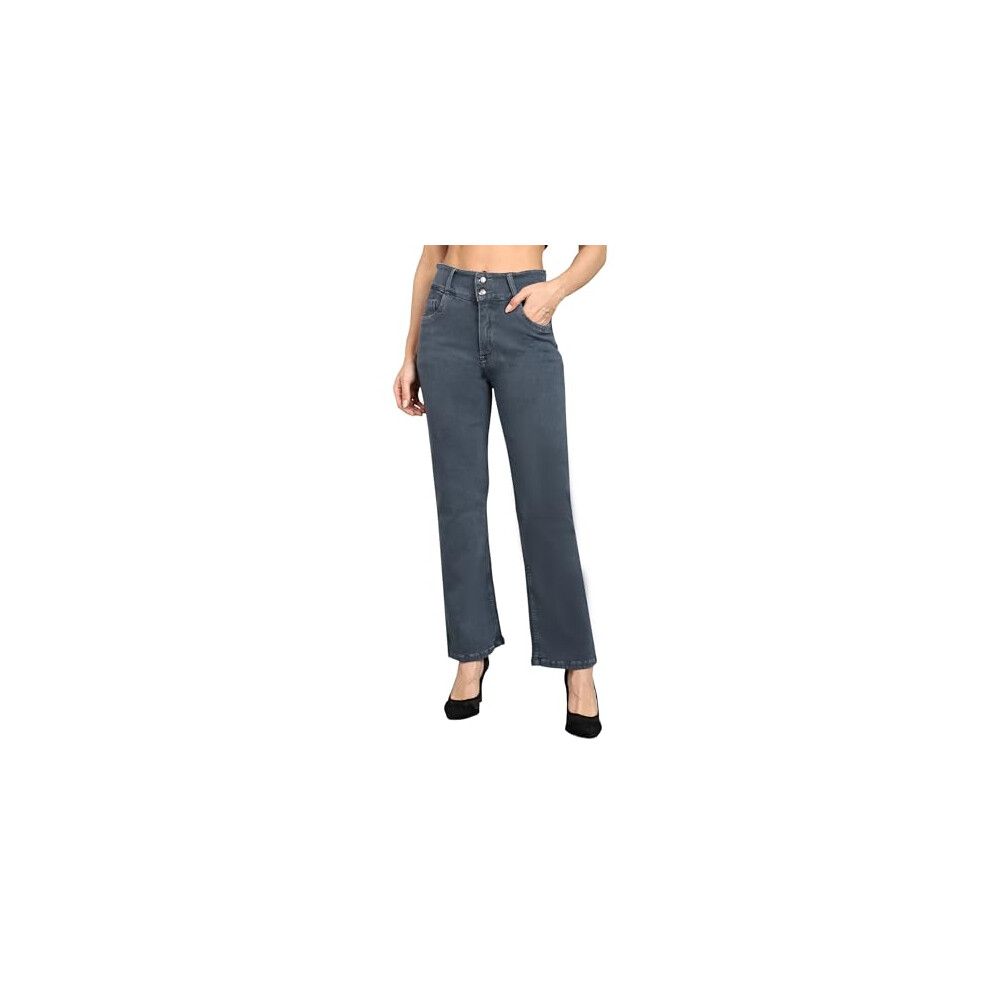 Nifty Dames Denim Stretch Jeans Met 2 Knopen En Rechte Pasvorm (1472_Gry_28_Grey_28)-image