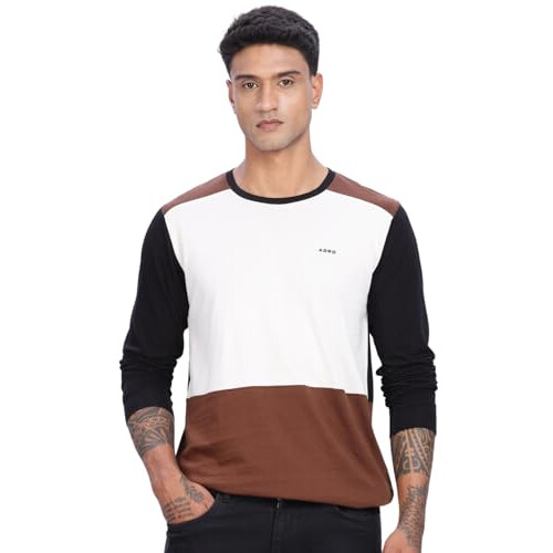ADRO Men's Solid Regular Fit T-Shirt (FR24-WSBR_White, Brown