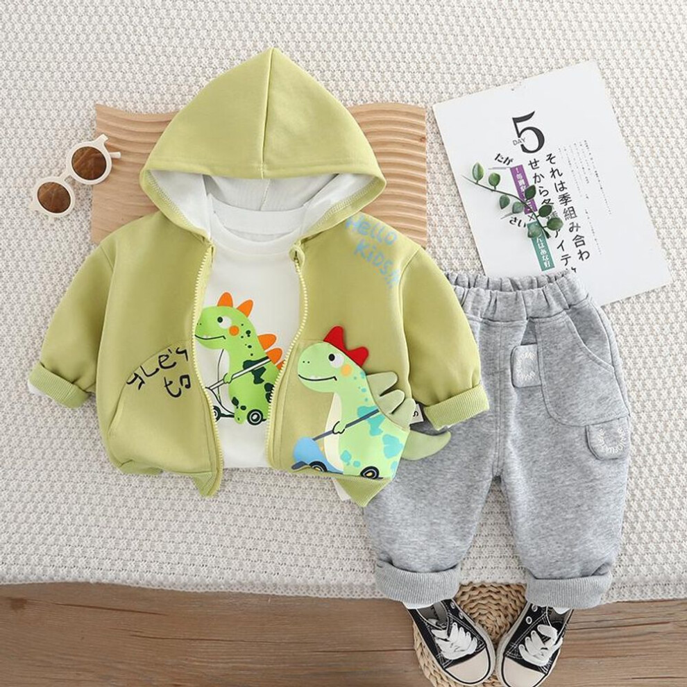 (green, S) Boys' Long Sleeved Three Piece Children's Cartoon Dinosaur Hooded Jacket+white Round Neck Top+casual Pants Set