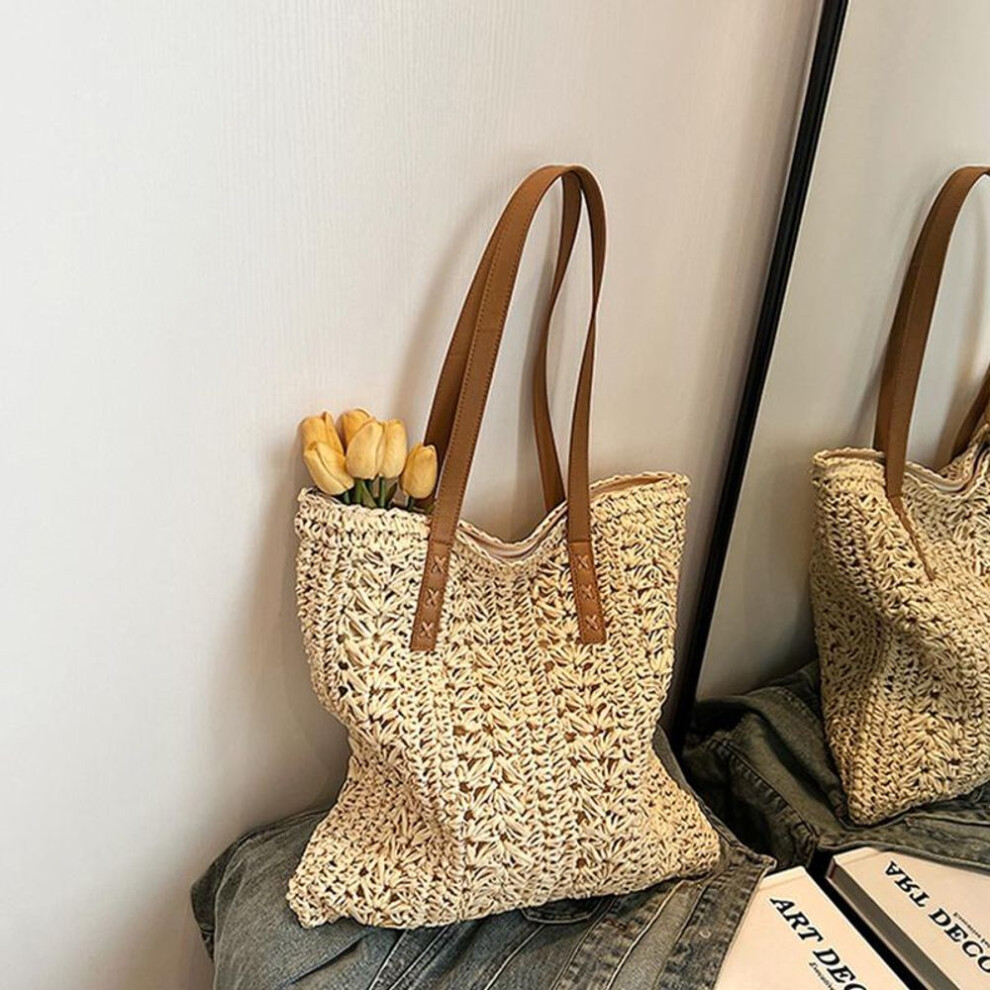 (beige, 38x2x40cm) Women's Woven Straw Beach Bag Hand Woven Capacity Large Shoulder Bag Simple Travel Bag Commuting Tote Casual Handbag