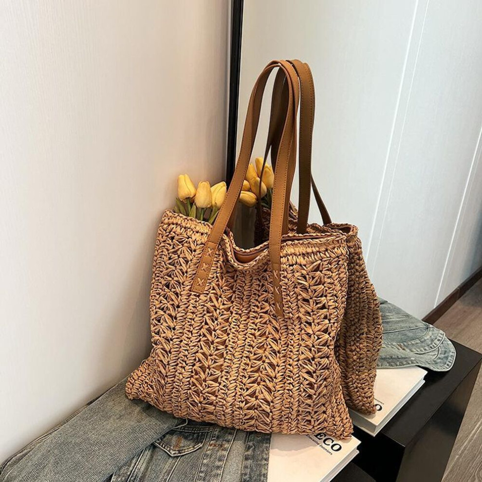 (khaki, 38x2x40cm) Women's Woven Straw Beach Bag Hand Woven Capacity Large Shoulder Bag Simple Travel Bag Commuting Tote Casual Handbag
