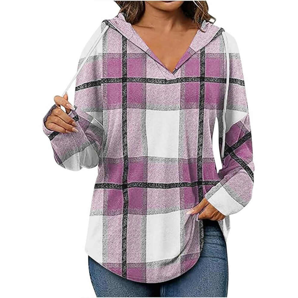 (S, pink) Women 2025 Hoodies Long Sleeve Drawstring Plaid Hooded Pullover Sweaters Causl Loose Tunic Tops Fashion Clothes