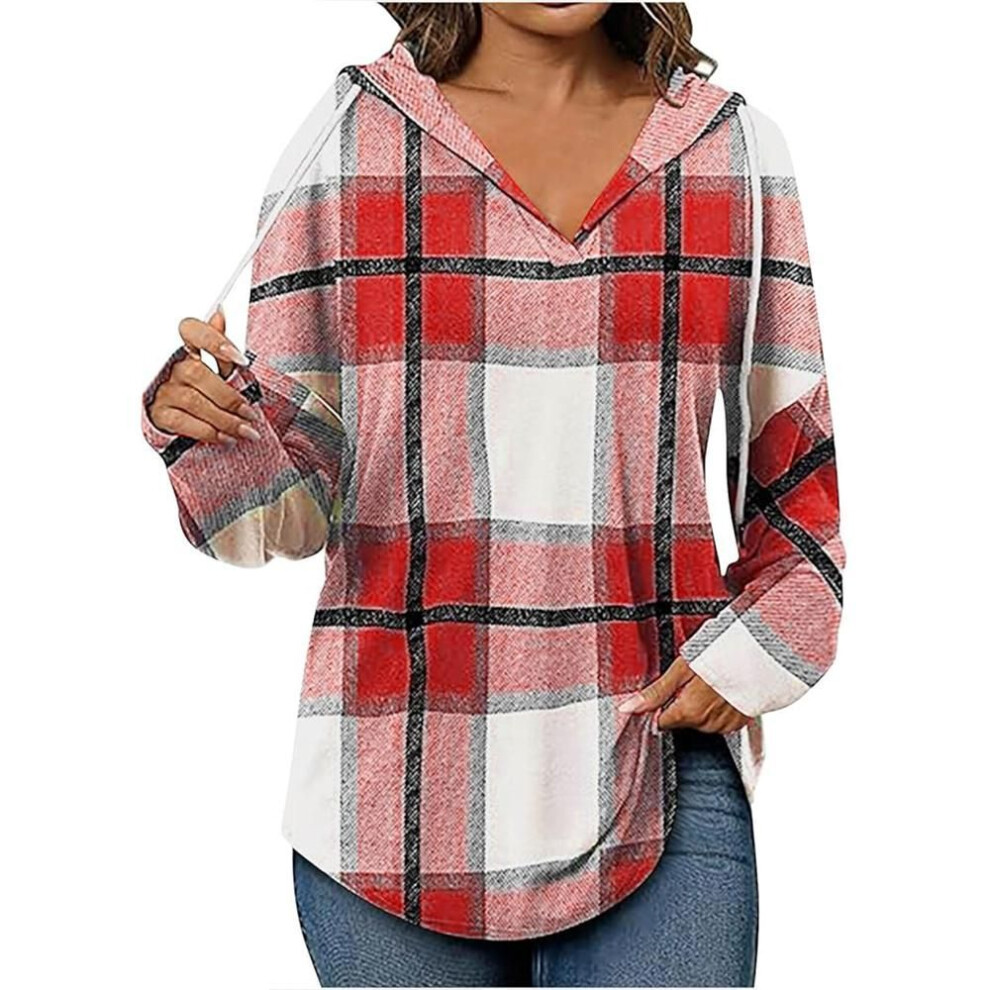 (S, red) Women 2025 Hoodies Long Sleeve Drawstring Plaid Hooded Pullover Sweaters Causl Loose Tunic Tops Fashion Clothes