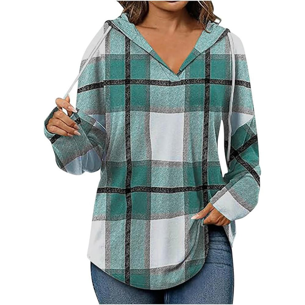 (2XL, green) Women 2025 Hoodies Long Sleeve Drawstring Plaid Hooded Pullover Sweaters Causl Loose Tunic Tops Fashion Clothes