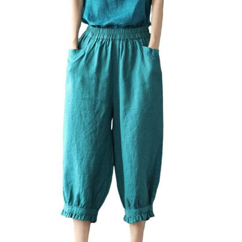 (blue, L) Women Harem Pants High Elastic Waist Loose Pockets Solid Color Soft Breathable Mid-calf Length Retro Casual Lady Summer Spring Cropped Trousers