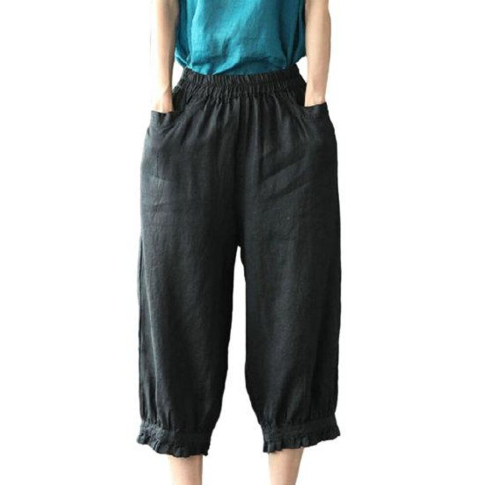 (black, L) Women Harem Pants High Elastic Waist Loose Pockets Solid Color Soft Breathable Mid-calf Length Retro Casual Lady Summer Spring Cropped Trousers