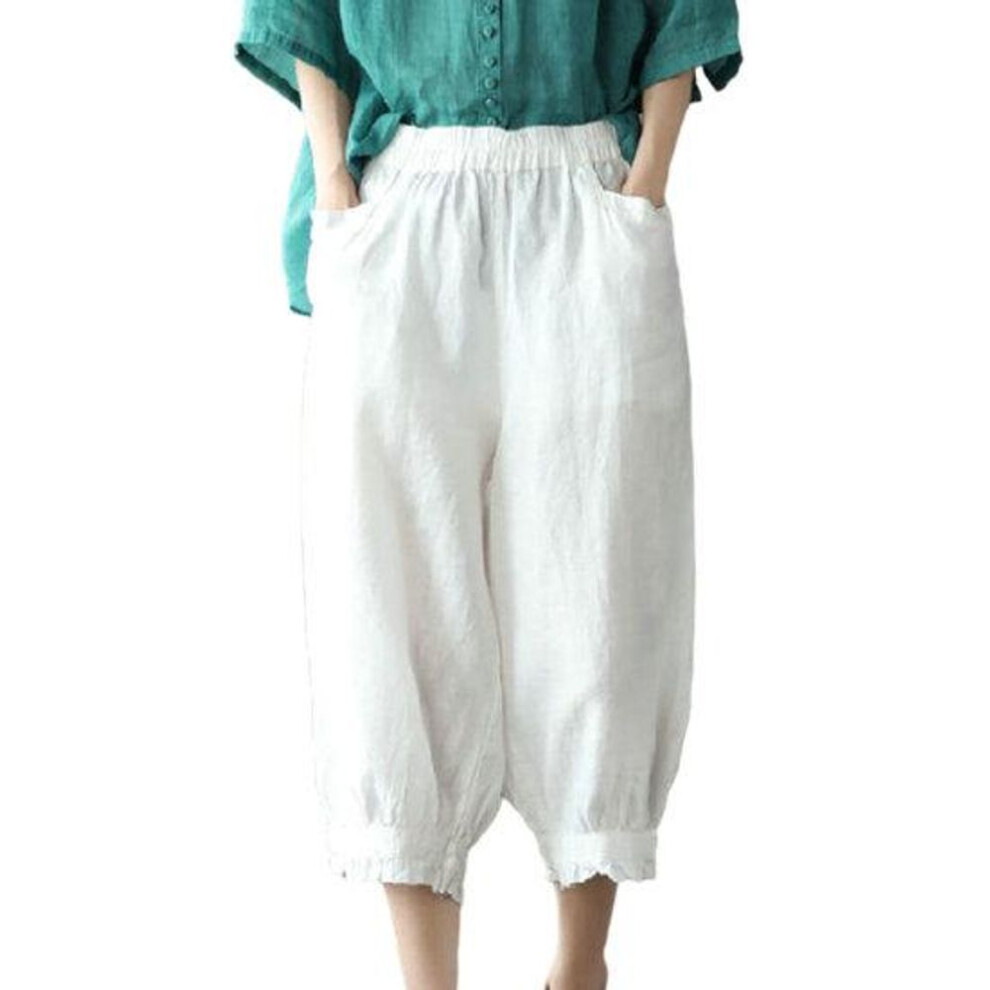 (white, 3XL) Women Harem Pants High Elastic Waist Loose Pockets Solid Color Soft Breathable Mid-calf Length Retro Casual Lady Summer Spring Cropped Trousers