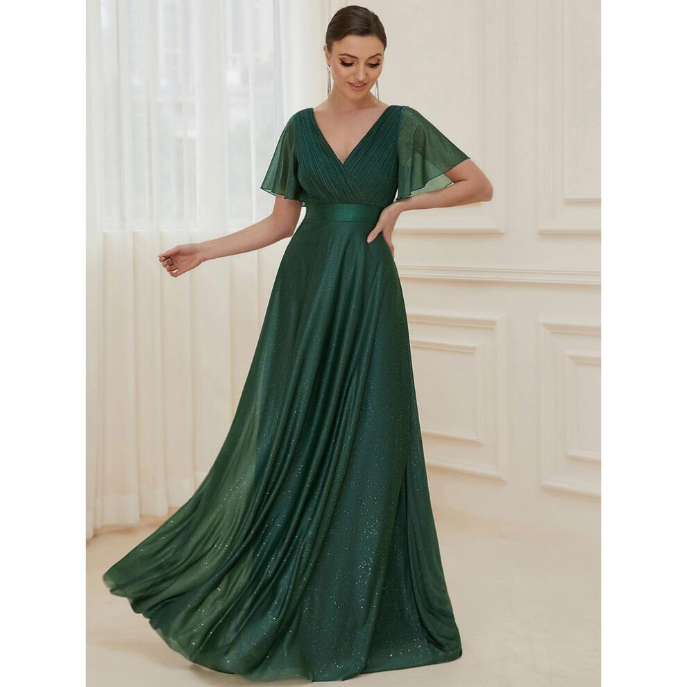 (dark green, 7XL) Ever-pretty Women&apos;s Deep V Neck Ruffles Sleeve A Line Sparkle Evening Dresses