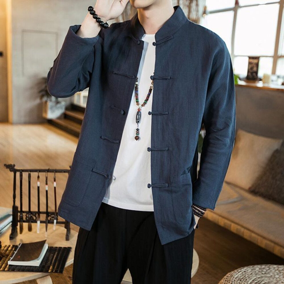 (M, navy blue) Men's Chinese-style Long-sleeve Linen Shirt With Stand-up Collar - Retro Casual Top