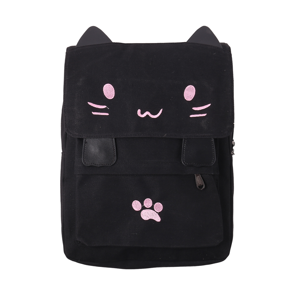 Mode Niedlichen Katze Stickerei Leinwand Student Tasche Cartoons Frauen Rucksack Freizeit Schule Schwarz & Rosa-image