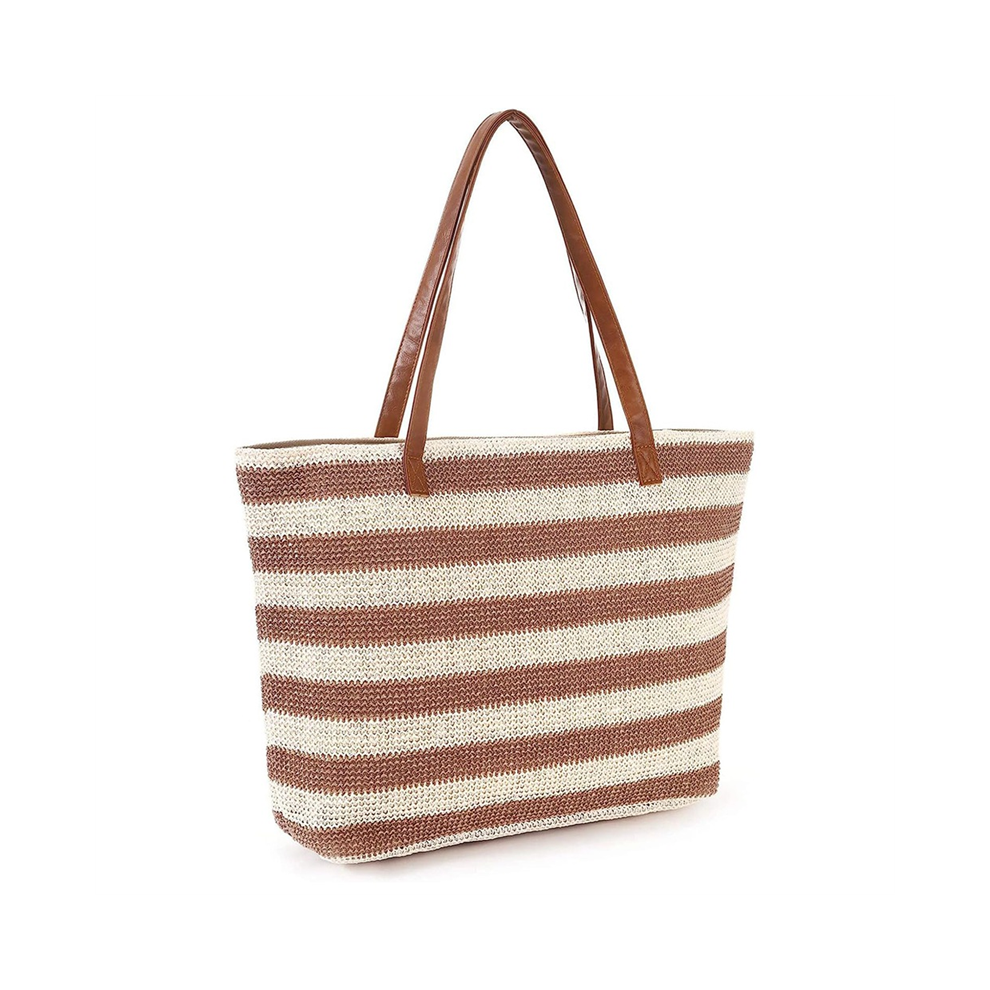 Grand sac fourre-tout de plage en paille souple avec fermeture éclair, sac à main à rayures tissé à l'épaule kaki