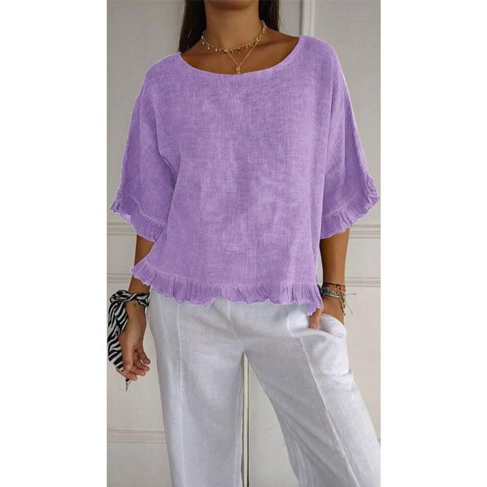 (S, purple) Summer Casual T-shirt Round Neck Short Sleeved Cotton Linen Blouse Casual Solid Color Loose Pullover Clothes Fit Shirt For Women