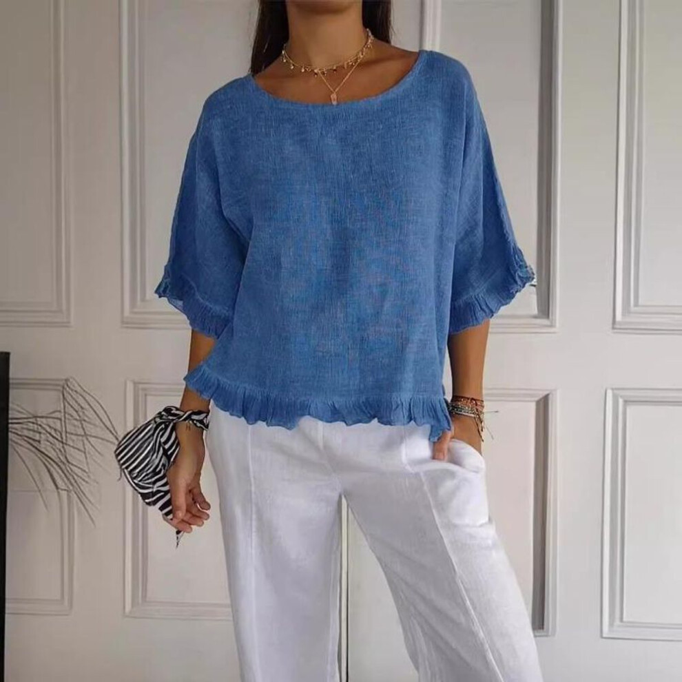 (2XL, blue) Summer Casual T-shirt Round Neck Short Sleeved Cotton Linen Blouse Casual Solid Color Loose Pullover Clothes Fit Shirt For Women