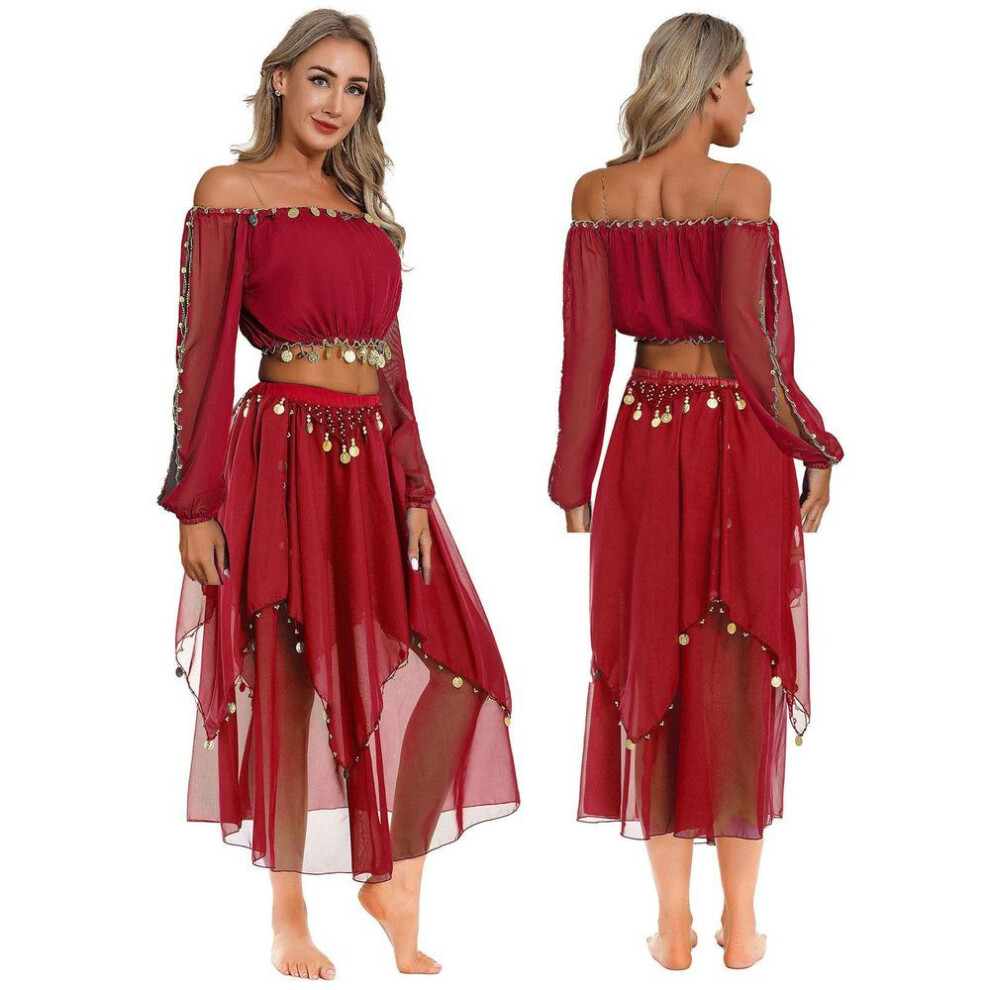 (red, One Size) Women's Shiny Sequins Belly Dance Costume Outfit Long Puff Sleeve Crop Top And Chiffon Skirt