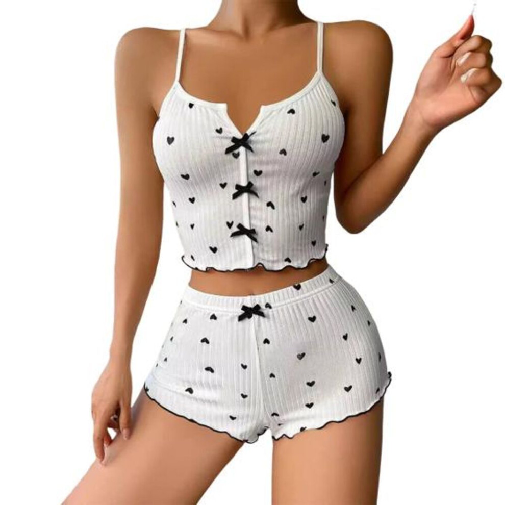(S, white,black) 2 Pcs/set Women Vest Shorts Suit Bow Heart Print Sleeveless Shirring Top High Waist Short Trousers Homewear Loungewear Outfit Summer Sleepwear