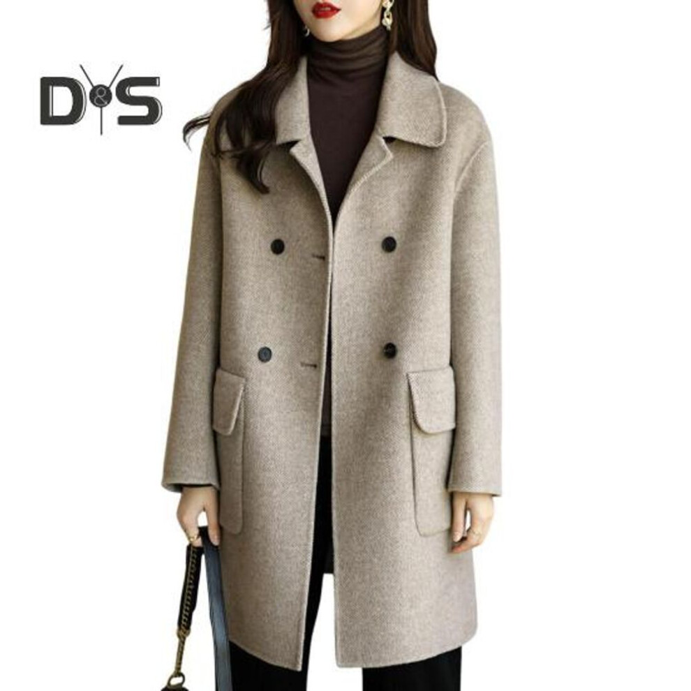 (apricot, 3XL) Women Jacket Turn-down Collar Long Sleeves Double-breasted Windbreaker Loose Pockets Mid Length Outdoor Travel Commuting Overcoat