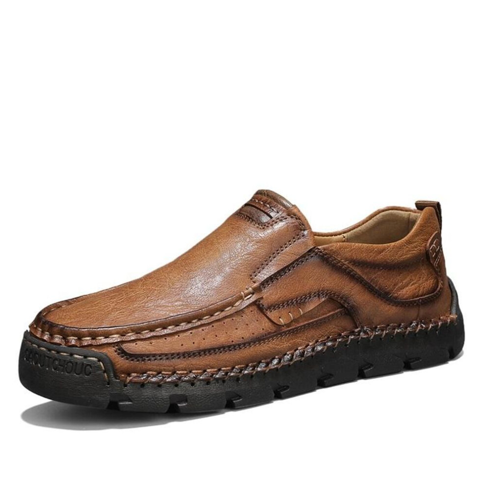 (light brown, 48) Men‘s Moccasins Handmade Stitching Leather Casual Comfortable Men Loafers Slip On Leather Shoes Flats Hot Sale Walking Shoes