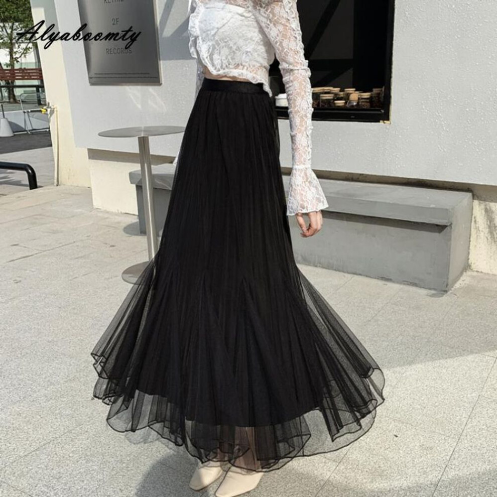 (One Size, black) Korean Chic Spring Summer Women Midi Mesh Skirt High Waist Apricot Black Mermaid Tulle Skirt Elegant Feminine Trumpet Skirts Womens