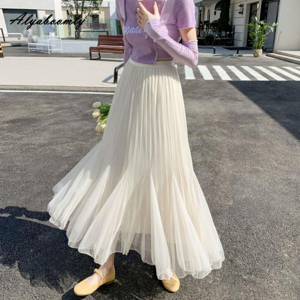 (One Size, as the picture) Korean Chic Spring Summer Women Midi Mesh Skirt High Waist Apricot Black Mermaid Tulle Skirt Elegant Feminine Trumpet Skirts Womens
