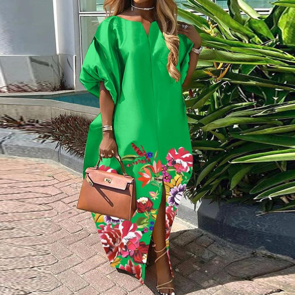 (green, 2XL) Women Plus Size V-neck Bubble Sleeve Floral Print Dresses