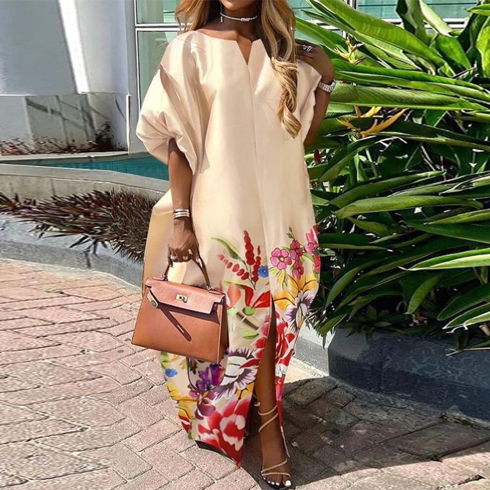 (champagne, M) Women Plus Size V-neck Bubble Sleeve Floral Print Dresses