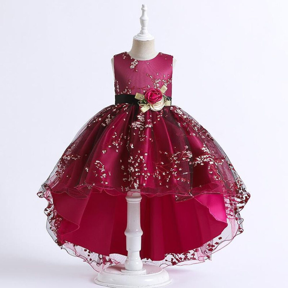 (rose red, 130cm) Girls Princess Flower Girl Dress For Party Wedding Costumes Lace Trailing Bow Dress Kids Vestidos Birthday Ceremony Clothes
