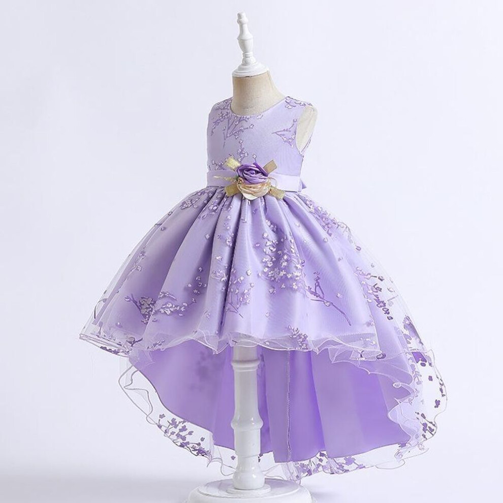 (purple, 160cm) Girls Princess Flower Girl Dress For Party Wedding Costumes Lace Trailing Bow Dress Kids Vestidos Birthday Ceremony Clothes