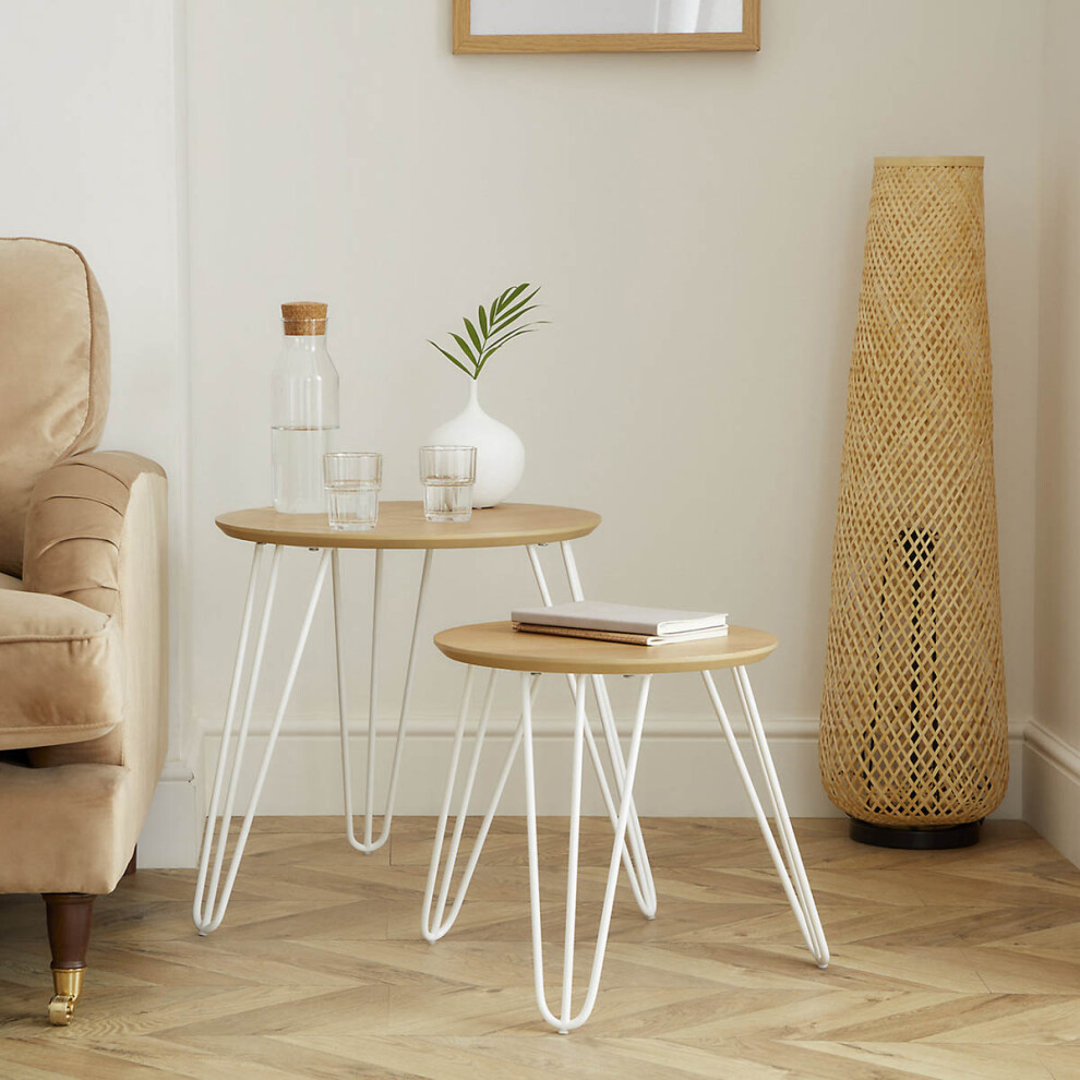 Side Table White Oak Effect Living Room Bedside Sofa End Round Modern Set Of 2