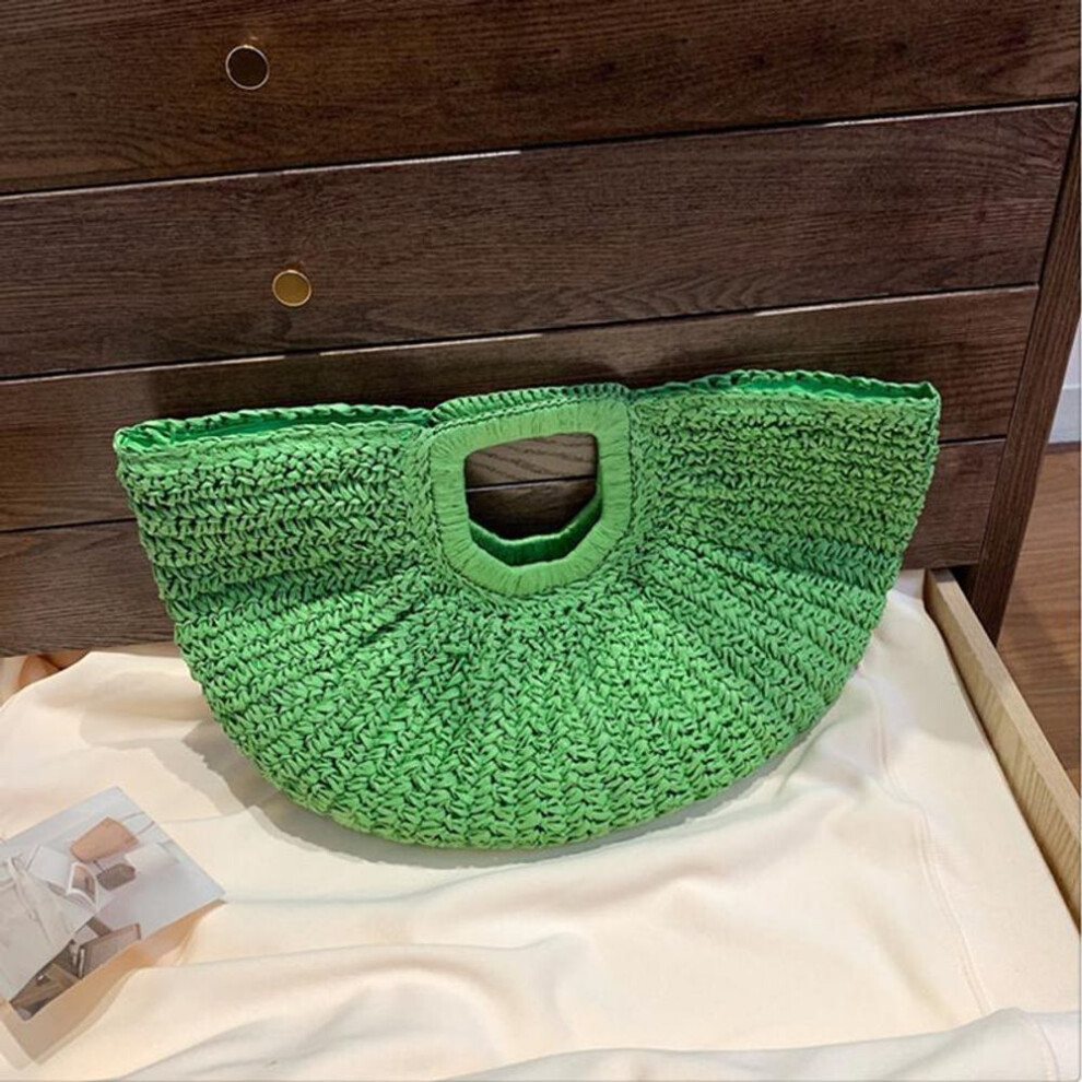 (green, 46x2x30cm) Women Handmade Straw Tote Bag Large Capacity Bohemia Moon Handbag Solid Color Half-moon Straw Handbag Female Daily Bag