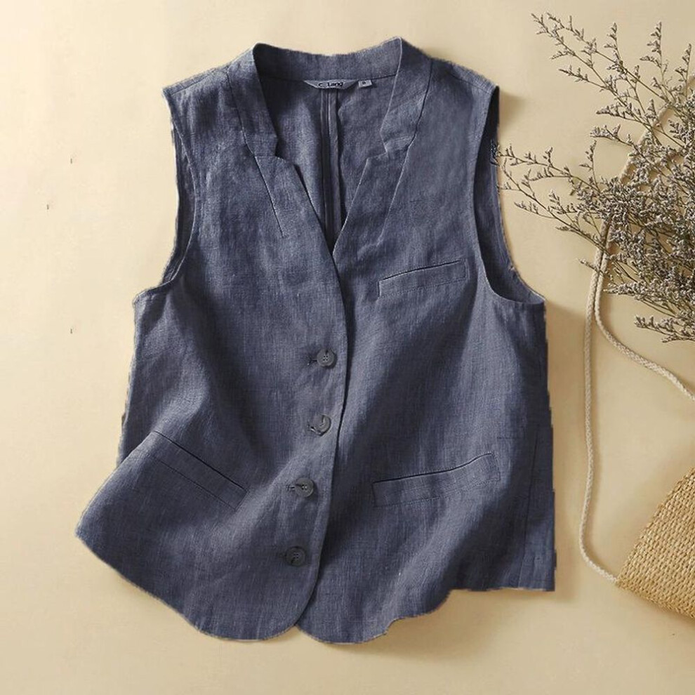 (blue, XL) Womens Cotton Linen Vest Casual Loose Solid V Neck Sleeveless Vests Jacke Button Pocket Commuter Suit Coat Vest