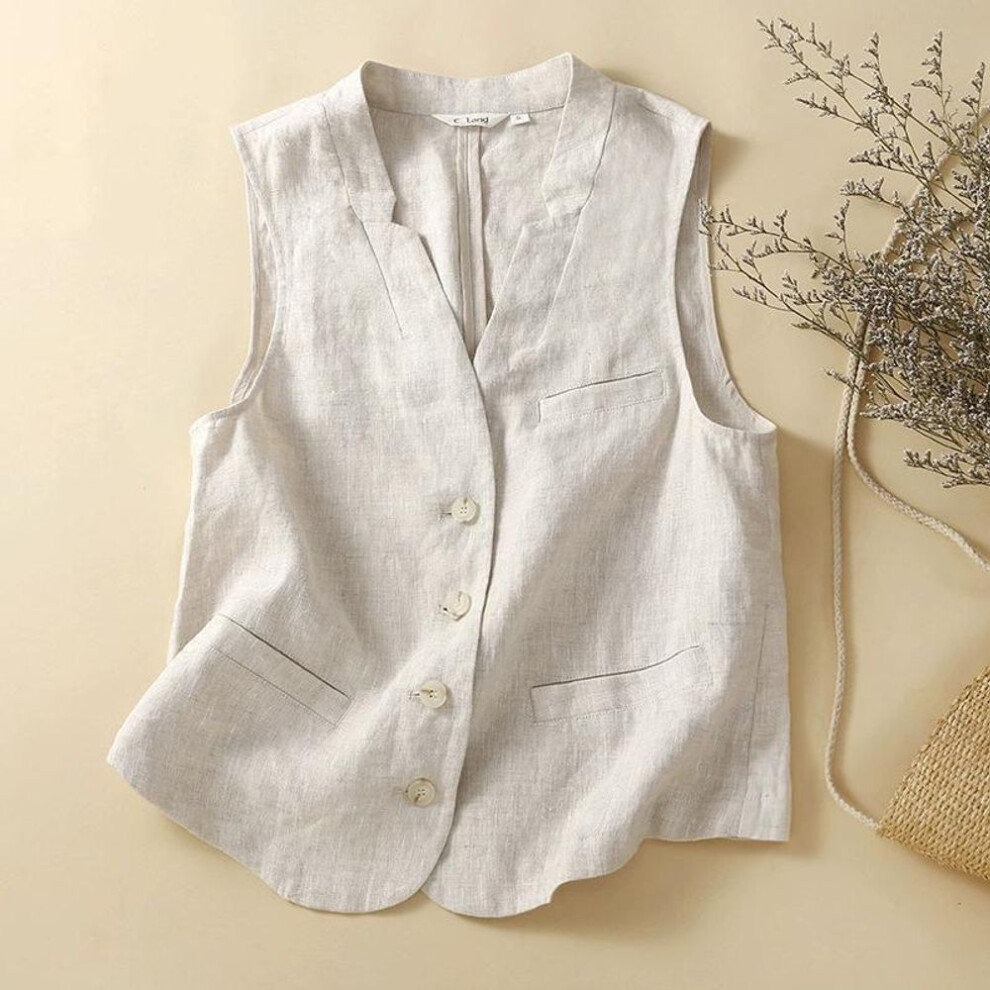 (beige, L) Womens Cotton Linen Vest Casual Loose Solid V Neck Sleeveless Vests Jacke Button Pocket Commuter Suit Coat Vest