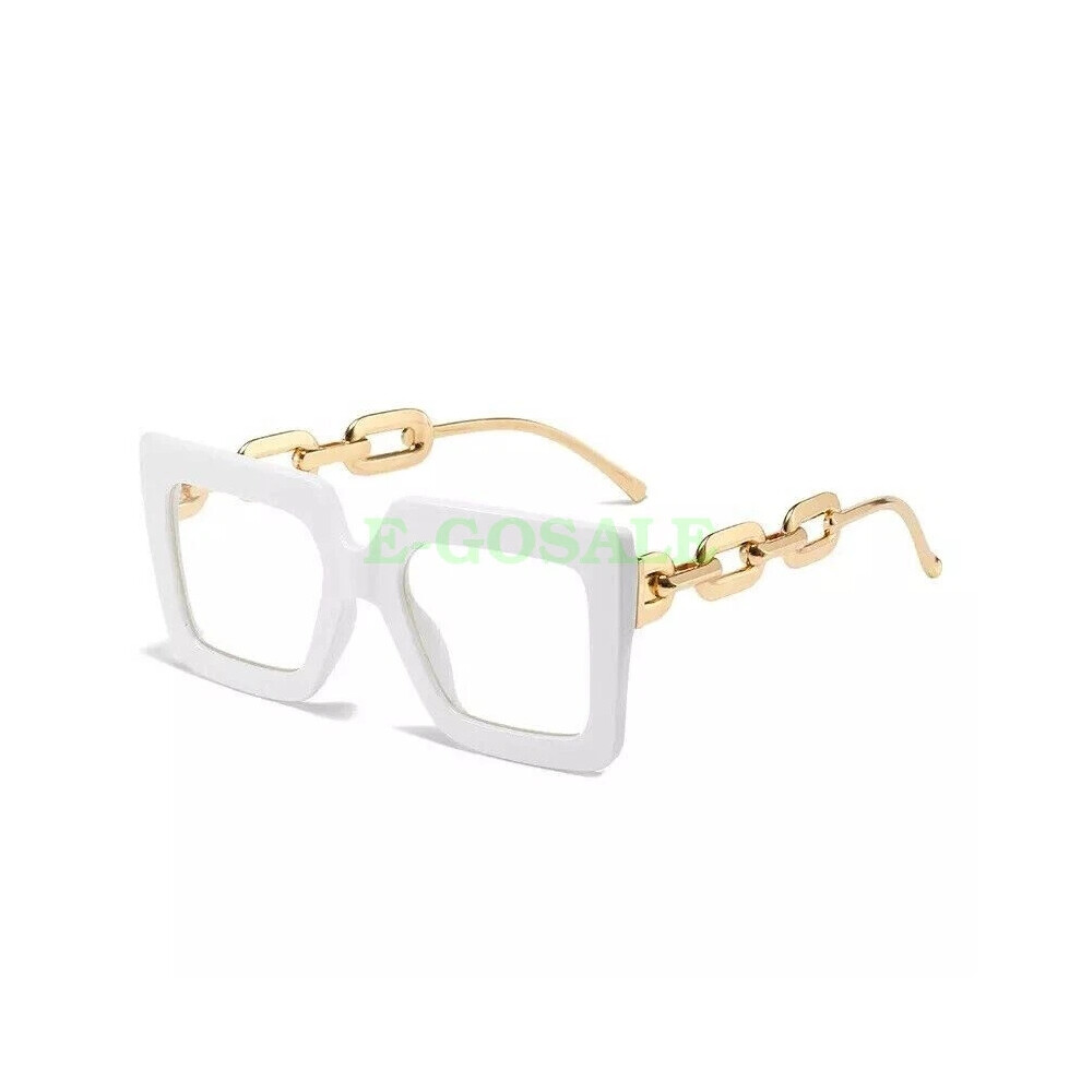 (White Frame + Clear Lens) Large Square Frame Oversized Frame Clear Lens Nerd Geek Glasses HOT