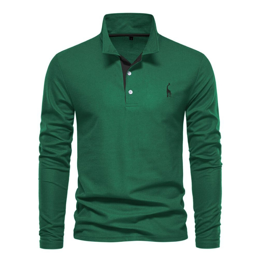 (dark green, XL) 2025 Spring And Autumn New Polo Men's Cotton Polo Shirt Fashion Casual Men's Deer Embroidered Long Sleeve
