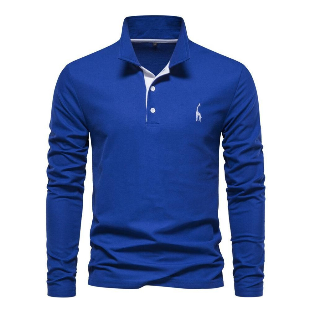 (sapphire blue, XXL) 2025 Spring And Autumn New Polo Men's Cotton Polo Shirt Fashion Casual Men's Deer Embroidered Long Sleeve