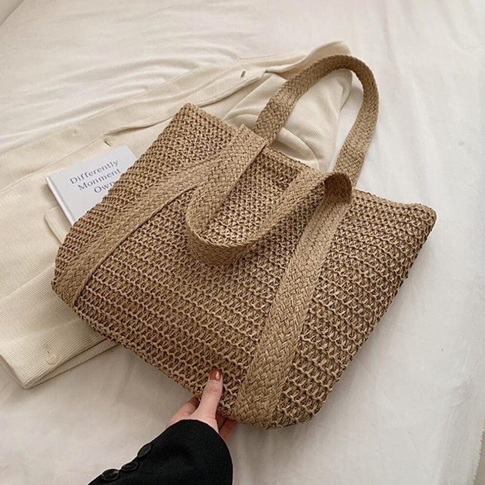 (khaki) Summer Woven Shoulder Bag Women Beach Bag Female Straw Knitted Handmade Large Capacity Handbag Purse Travel Tassel Shopper Tote
