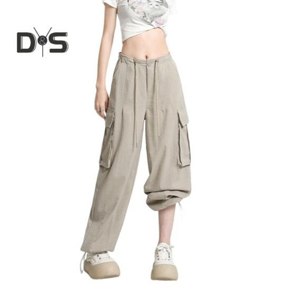 (khaki, S) Women Casual Cargo Pants Drawstring Wide Leg Solid High Waist Streetwear Overalls Lightweight Loose Trousers For Daily Club Outdoor Jogging Hiking