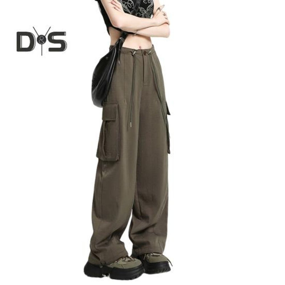(army green, S) Women Casual Cargo Pants Drawstring Wide Leg Solid High Waist Streetwear Overalls Lightweight Loose Trousers For Daily Club Outdoor Jogging Hiking