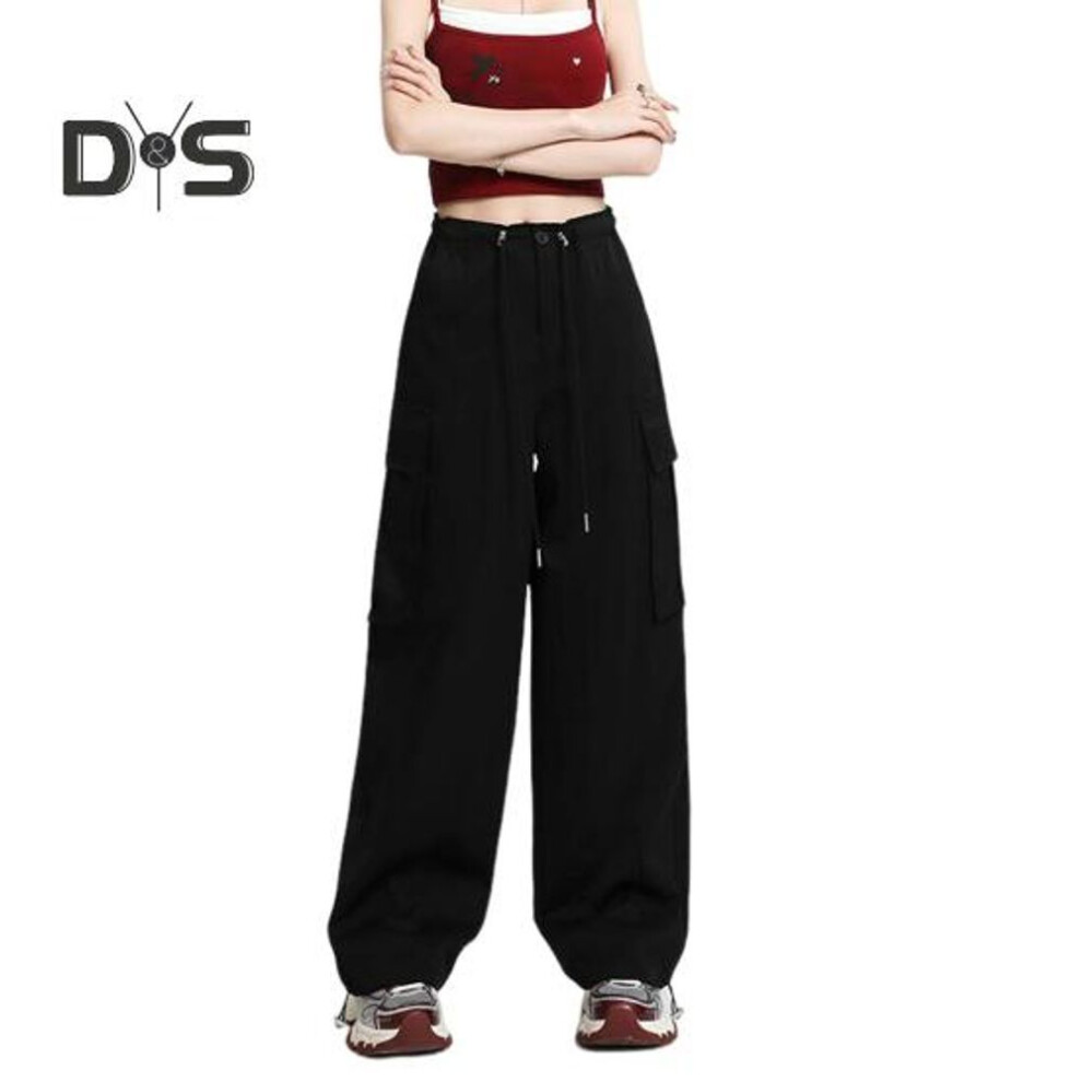 (black, L) Women Casual Cargo Pants Drawstring Wide Leg Solid High Waist Streetwear Overalls Lightweight Loose Trousers For Daily Club Outdoor Jogging Hiking