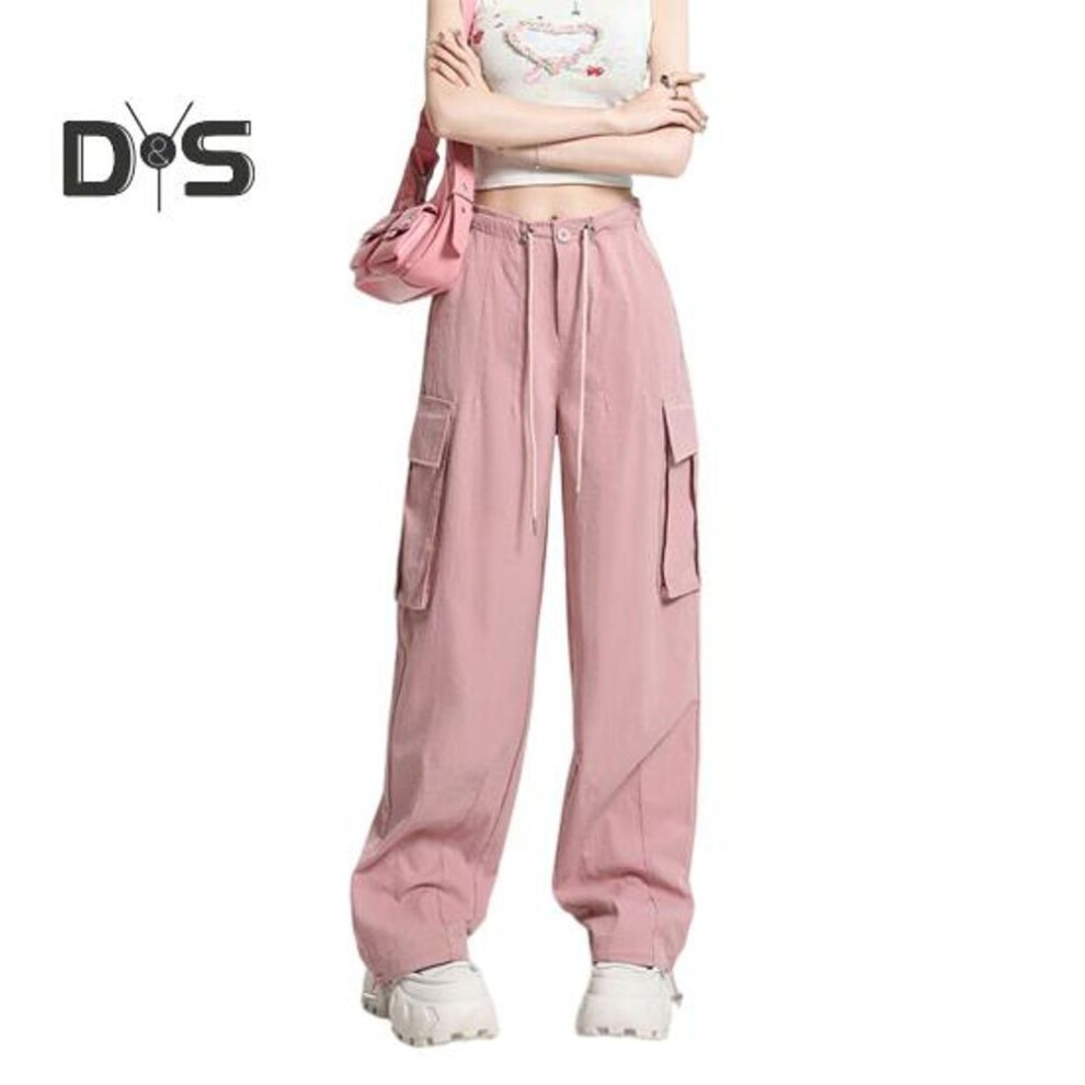 (pink, M) Women Casual Cargo Pants Drawstring Wide Leg Solid High Waist Streetwear Overalls Lightweight Loose Trousers For Daily Club Outdoor Jogging Hiking