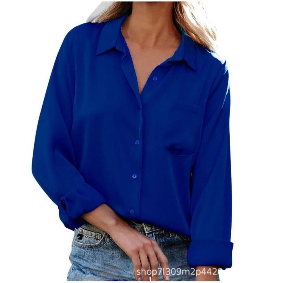 (L, dark blue) Plus Size Women's Spring Solid Color Temperament Commuter Lapel Fashion Cardigan Long Sleeved Shirt