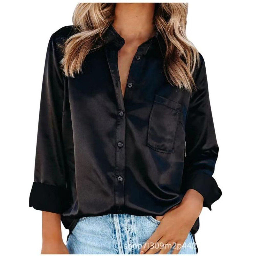 (XL, black) Plus Size Women's Spring Solid Color Temperament Commuter Lapel Fashion Cardigan Long Sleeved Shirt