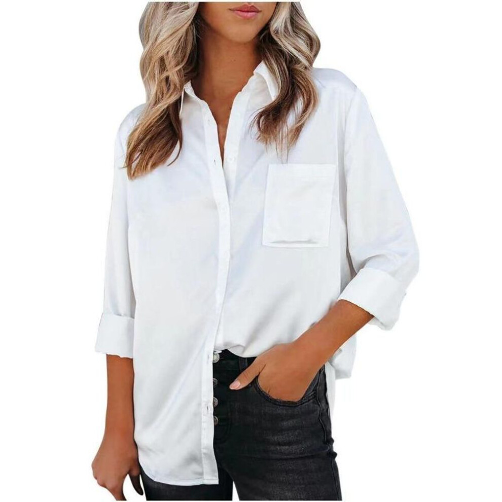 (L, white) Plus Size Women's Spring Solid Color Temperament Commuter Lapel Fashion Cardigan Long Sleeved Shirt