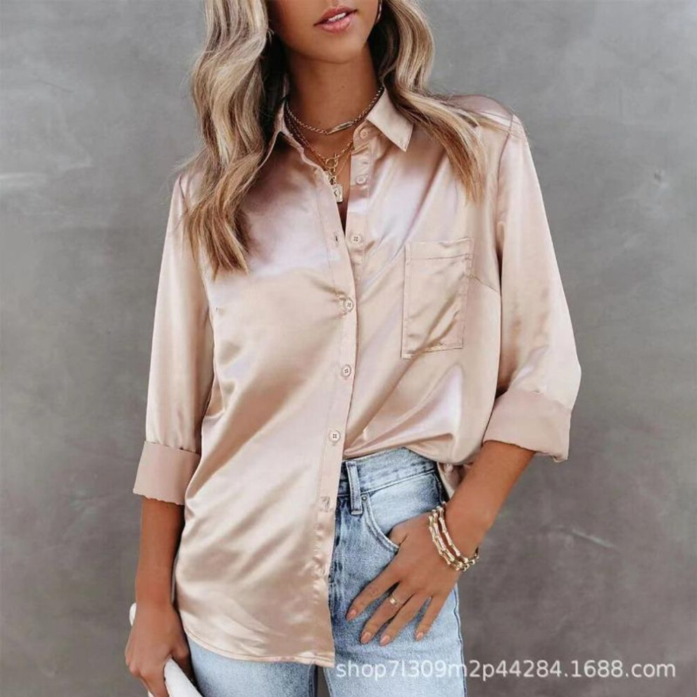(XXL, beige) Plus Size Women's Spring Solid Color Temperament Commuter Lapel Fashion Cardigan Long Sleeved Shirt