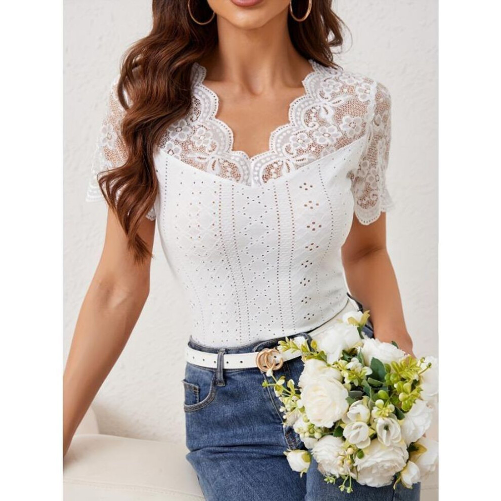 (XXL, white) Women's New Fan-shaped Front And Back V-neck Lace Splicing Slim Thin T-shirt Short-sleeved Tops