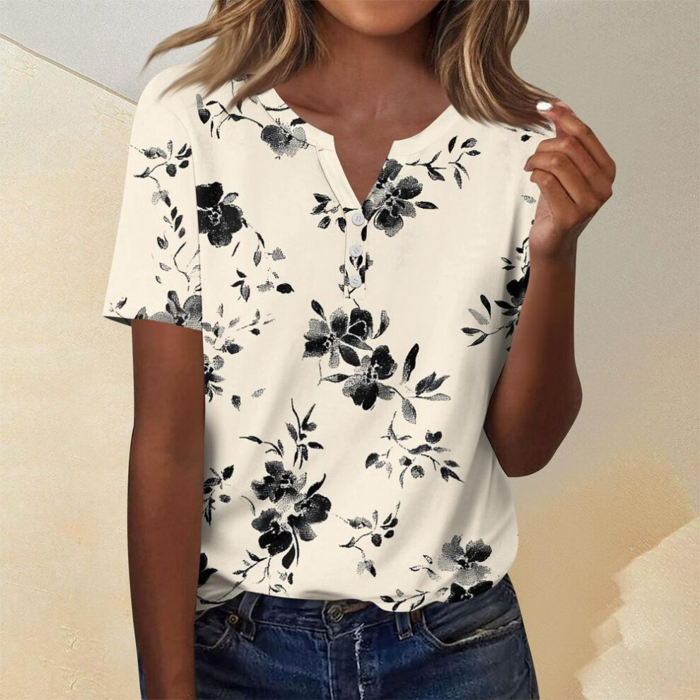 (L, beige) Women's Fashion Casual Short Sleeve Floral Print Top