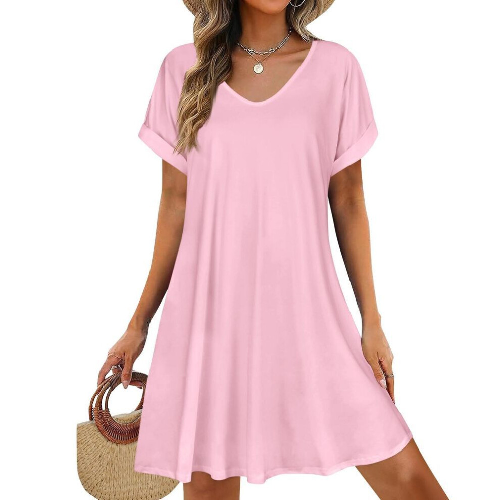 (pink, XL) Womens Summer Dresses  Short Sleeve Casual Beach Tshirt Dress Round Neck Loose Swing Sundress