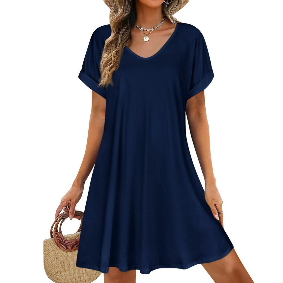 (navy, L) Womens Summer Dresses  Short Sleeve Casual Beach Tshirt Dress Round Neck Loose Swing Sundress