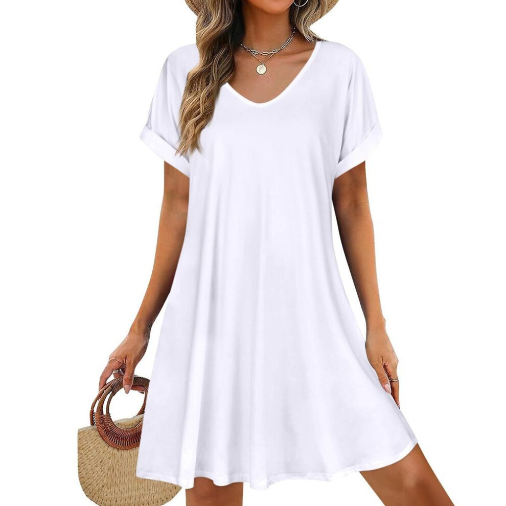 (white, XL) Womens Summer Dresses  Short Sleeve Casual Beach Tshirt Dress Round Neck Loose Swing Sundress