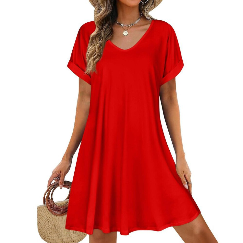 (red, L) Womens Summer Dresses  Short Sleeve Casual Beach Tshirt Dress Round Neck Loose Swing Sundress